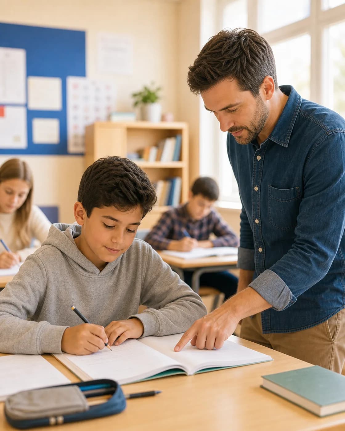 Lehrer steht rechts neben einem Jungen am Tisch und unterstützt ihn im Unterricht.