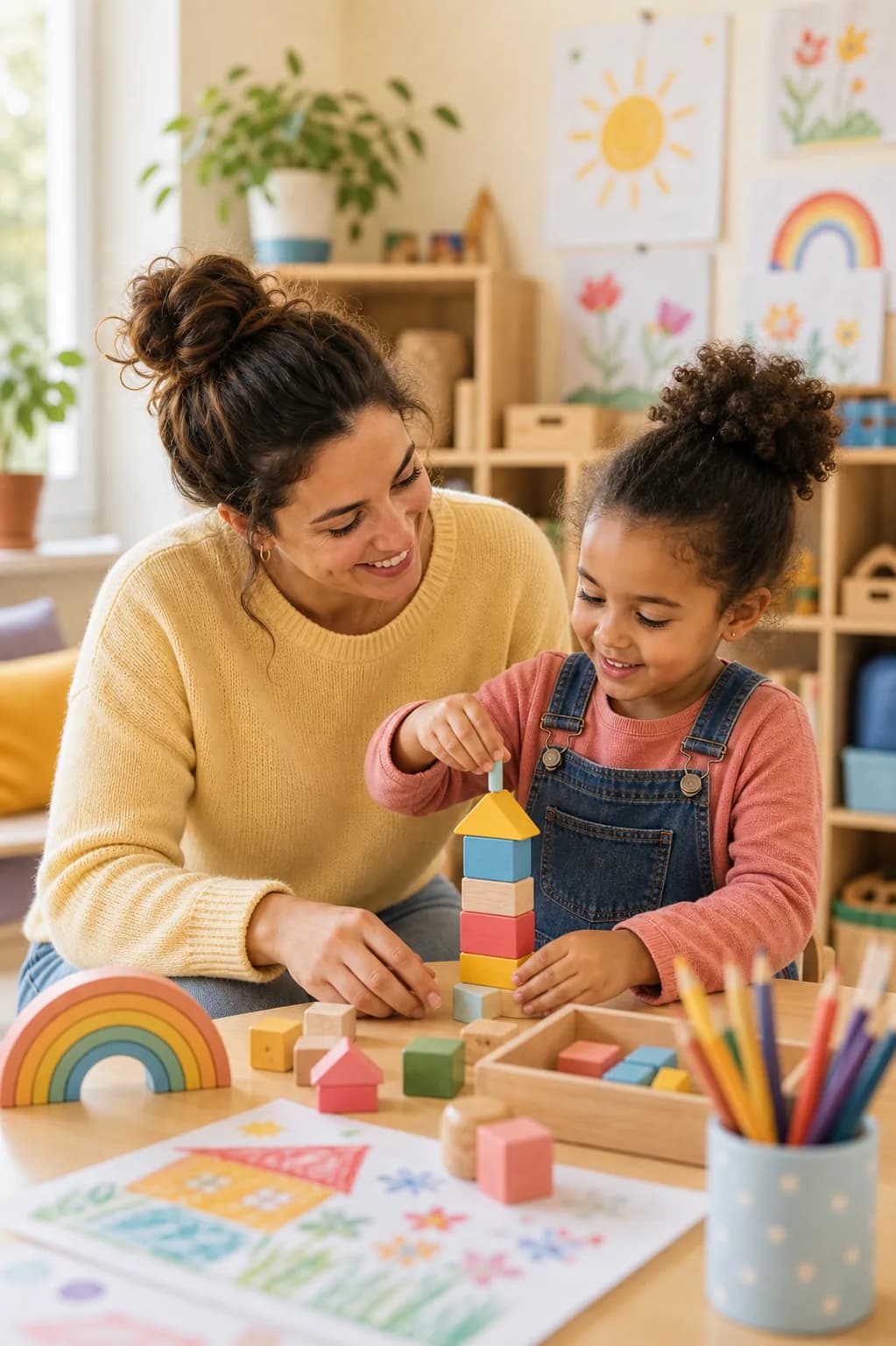Eine Begleitperson unterstützt ein Kind in einer freundlichen Kindergarten-Situation
