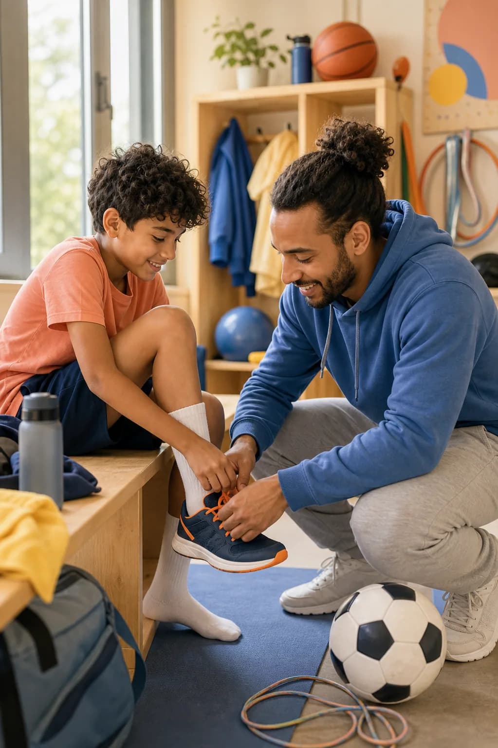 Ein männlicher Begleiter unterstützt ein Kind im schulischen Alltag